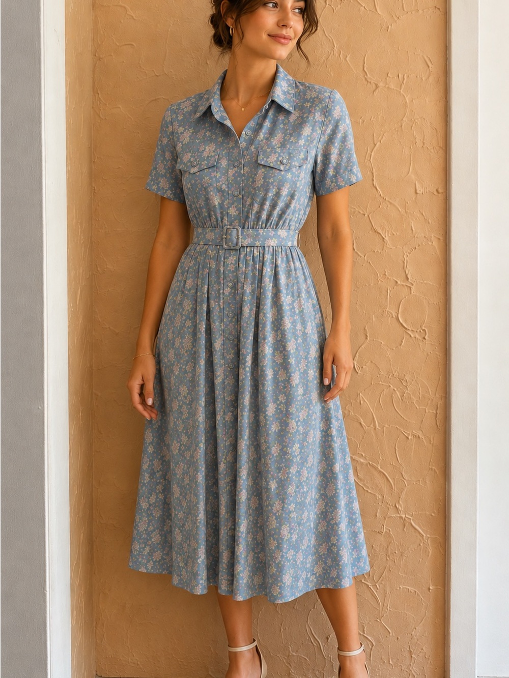 Leslie Fay Dusty Blue Floral Belted Midi Dress